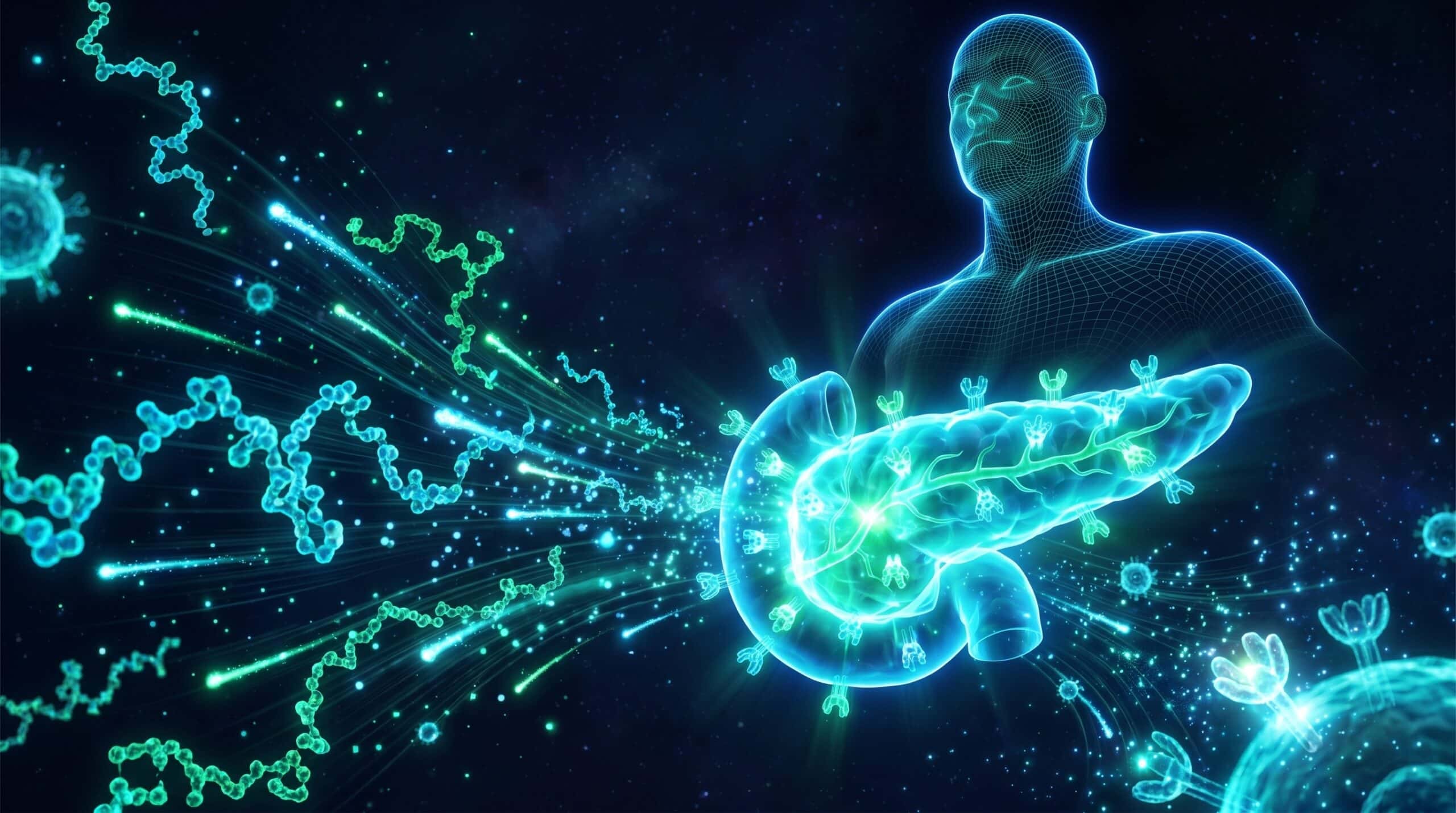 Illustration biotech 3D du pancréas humain illuminé en cyan avec récepteurs GIP et GLP-1, mécanisme d'action des analogues GLP-1 incrétinomimétiques