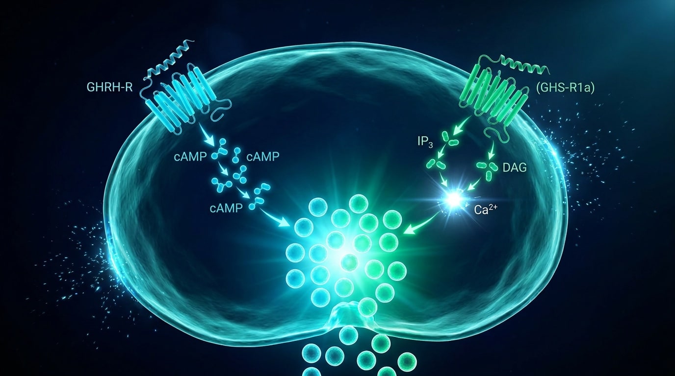 Visualisation moléculaire biotech sombre des deux récepteurs GPCR parallèles sur la membrane d une cellule somatotrope hypophysaire avec récepteur GHRH-R en cyan voie Gαs AMPc et récepteur GHS-R1a en émeraude voie Gαq IP3 calcium convergeant vers exocytose des vésicules de GH