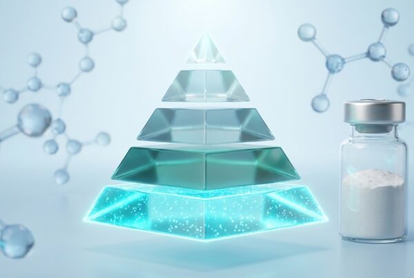 Composition éditoriale pyramide hiérarchique de niveau de preuve scientifique en recherche peptidique musculation avec base in vitro lignées cellulaires C2C12 modèles rongeurs et sommet cohortes humaines flacon research grade au premier plan 2026