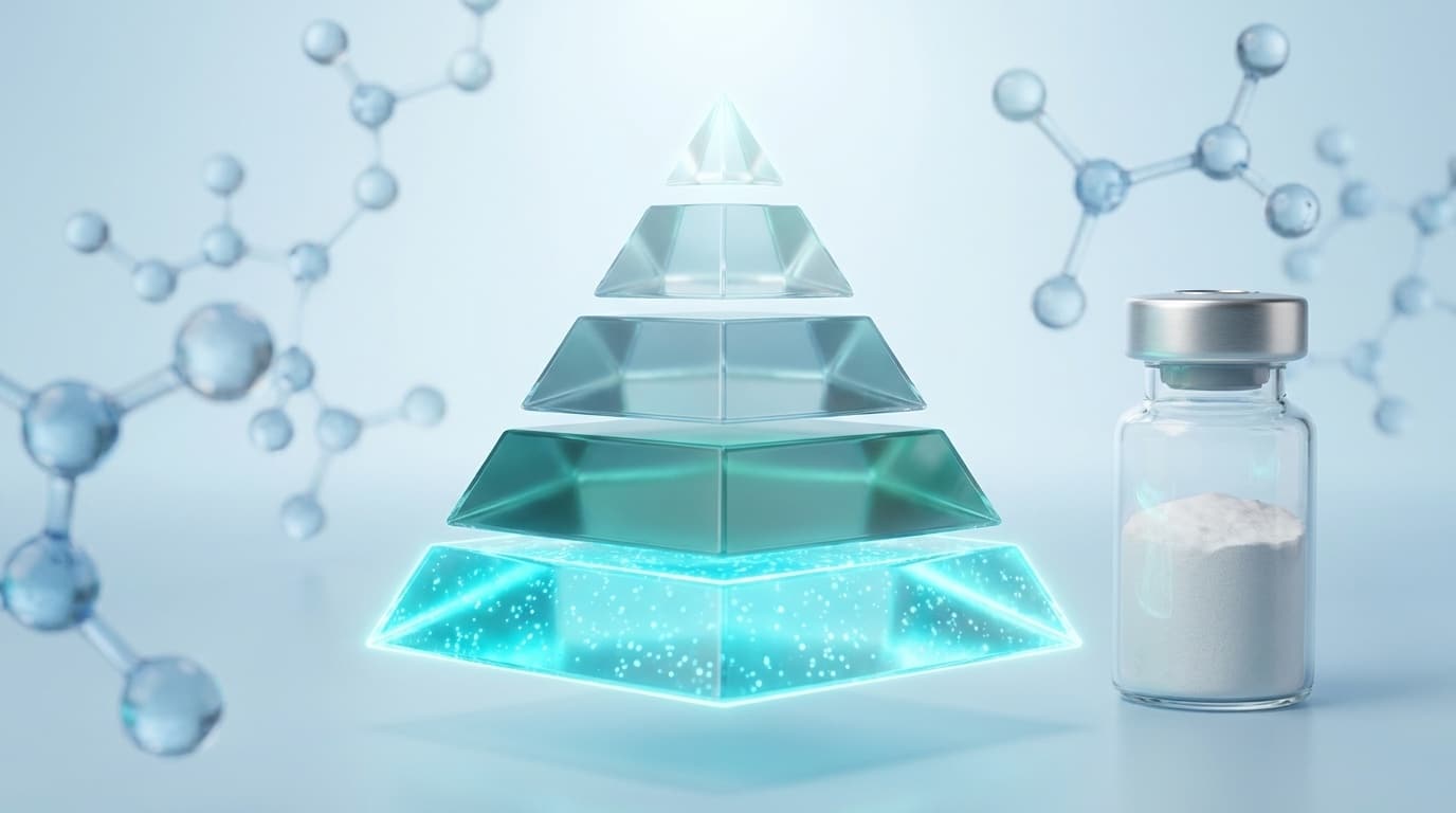Composition éditoriale pyramide hiérarchique de niveau de preuve scientifique en recherche peptidique musculation avec base in vitro lignées cellulaires C2C12 modèles rongeurs et sommet cohortes humaines flacon research grade au premier plan 2026