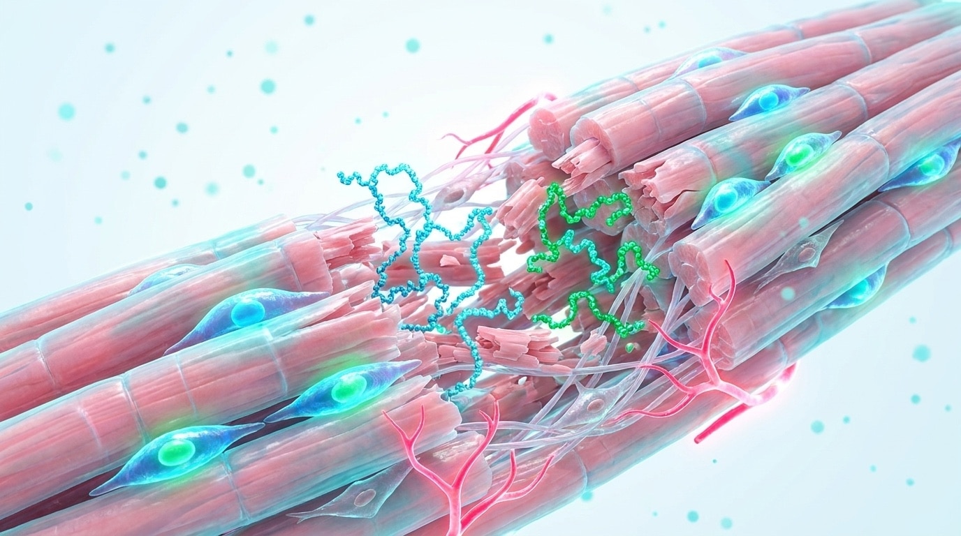 Visualisation 3D scientifique du tissu musculaire avec cellules satellites en activation matrice extracellulaire fibroblastes en migration et molécules peptidiques BPC-157 cyan TB-500 émeraude convergeant sur un site de lésion musculaire pour réparation tissulaire 2026