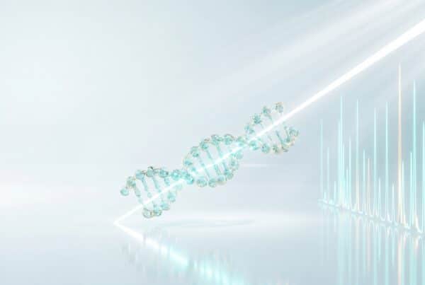 Peptide traversé par un faisceau lumineux se décomposant en spectre de masse, empreinte d identité
