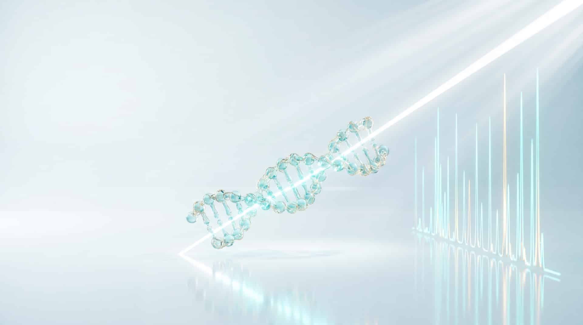 Peptide traversé par un faisceau lumineux se décomposant en spectre de masse, empreinte d identité