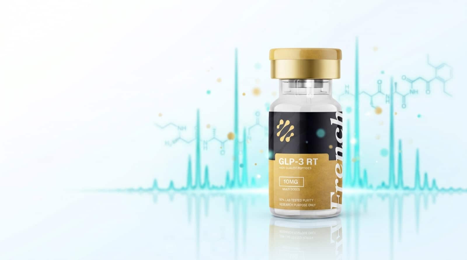 Flacon French Peptides lyophilisé avec en arrière-plan un spectre de masse de vérification d'identité