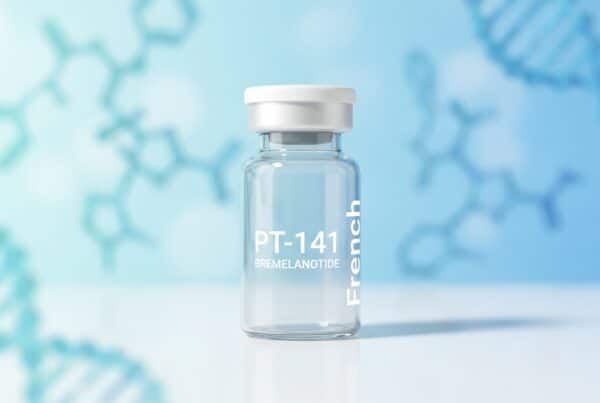 Flacon de recherche PT-141 Bremelanotide French Peptides avec structures peptidiques cyan en bokeh, design pharma éditorial moderne