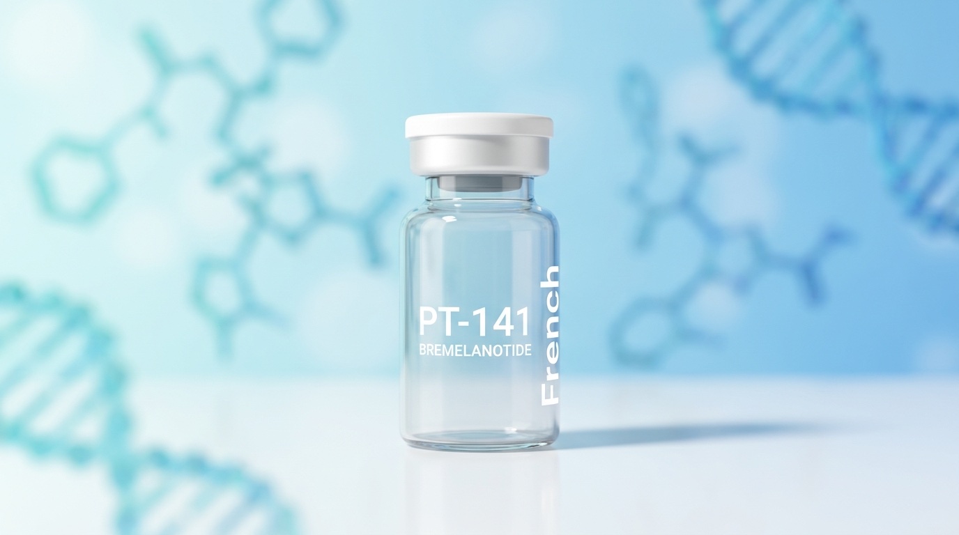 Flacon de recherche PT-141 Bremelanotide French Peptides avec structures peptidiques cyan en bokeh, design pharma éditorial moderne