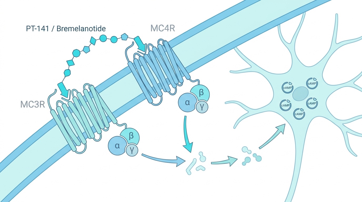 Schéma scientifique du récepteur mélanocortine MC4R activé par le PT-141 Bremelanotide : voie GPCR transmembranaire, cascade Gs cAMP, signalisation neuronale