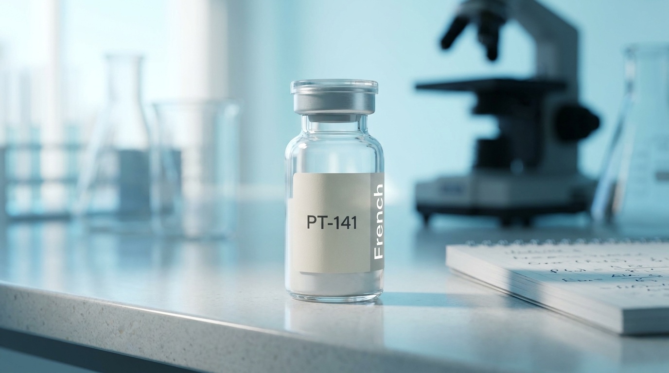 Flacon PT-141 Bremelanotide French Peptides sur paillasse de laboratoire avec verrerie scientifique en bokeh, recherche pharmaceutique préclinique