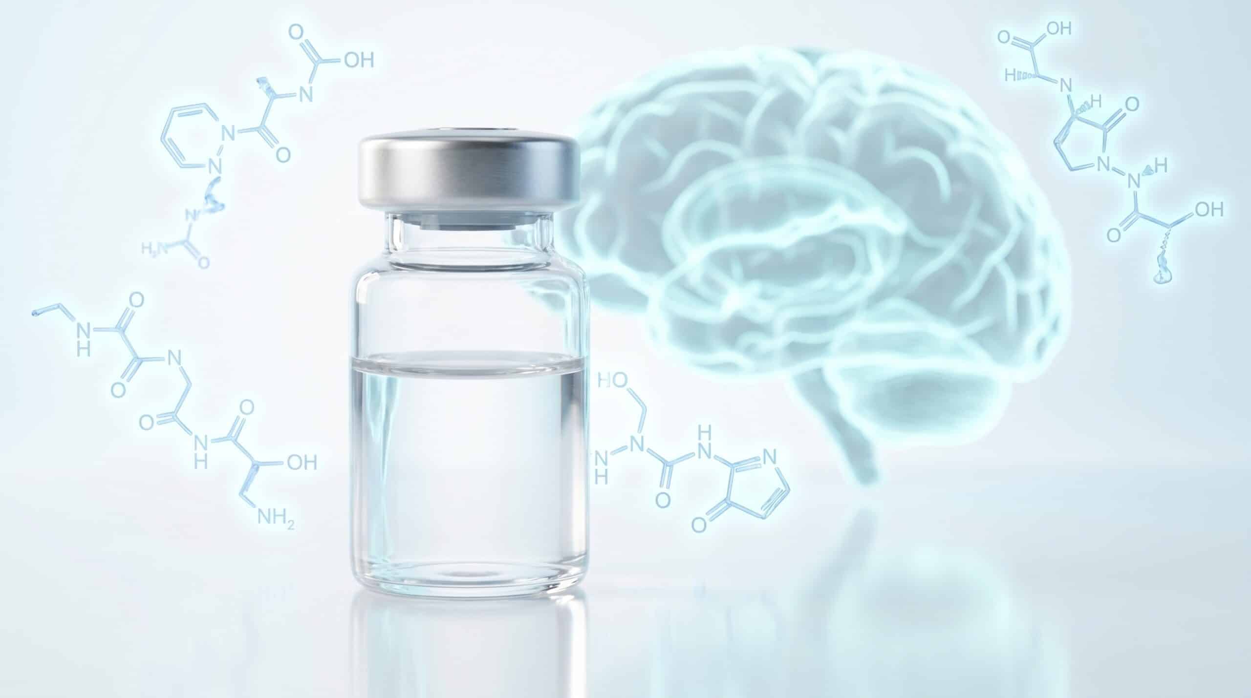 Flacon pharmaceutique avec représentation hypothalamique floue en arrière-plan, mécanisme central PT-141 bremelanotide MC4R préoptique