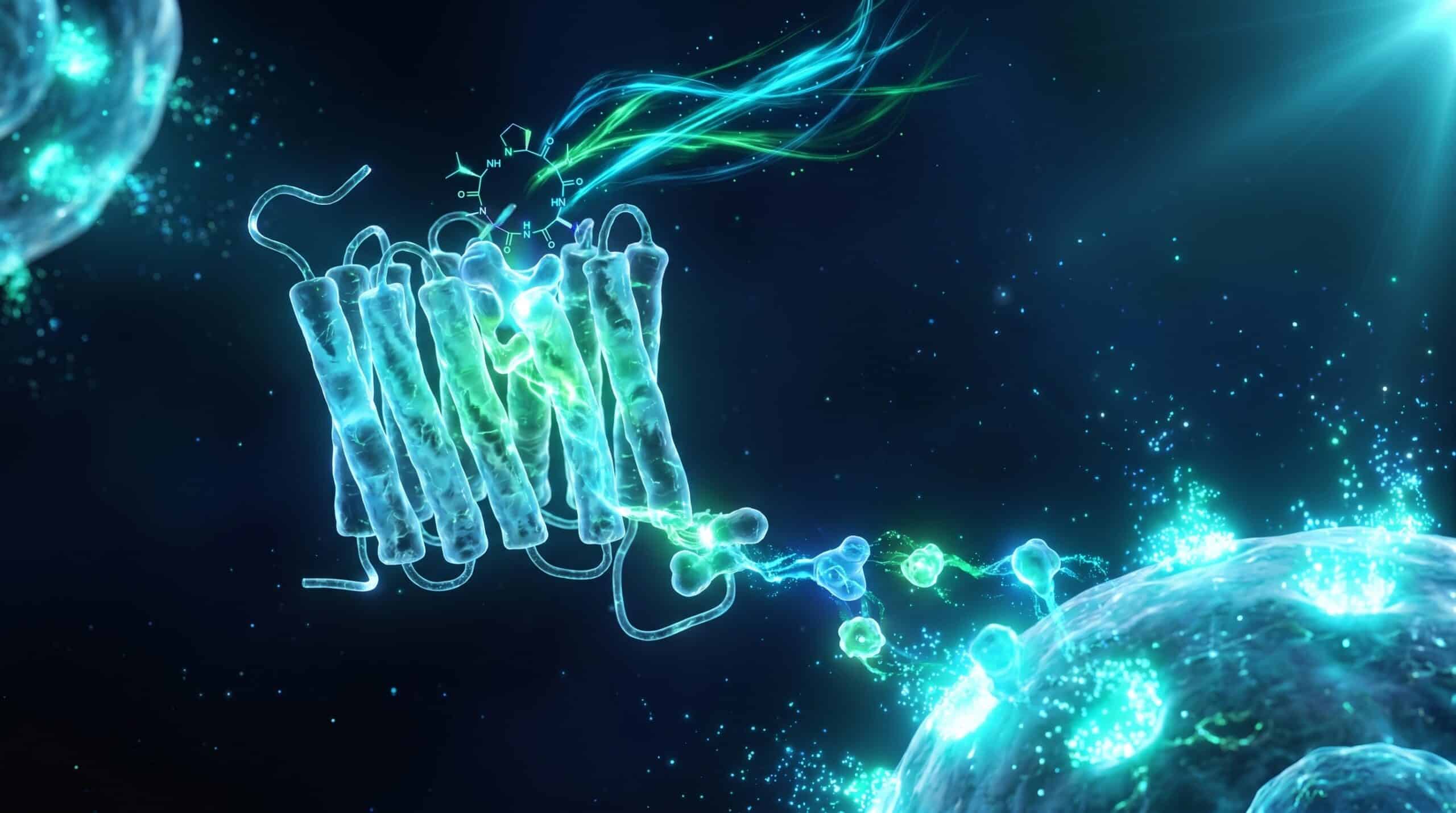 Illustration biotech 3D du récepteur MC4R cellulaire avec ligand peptidique en docking, glow cyan émeraude, mécanisme d'activation MC4R bremelanotide