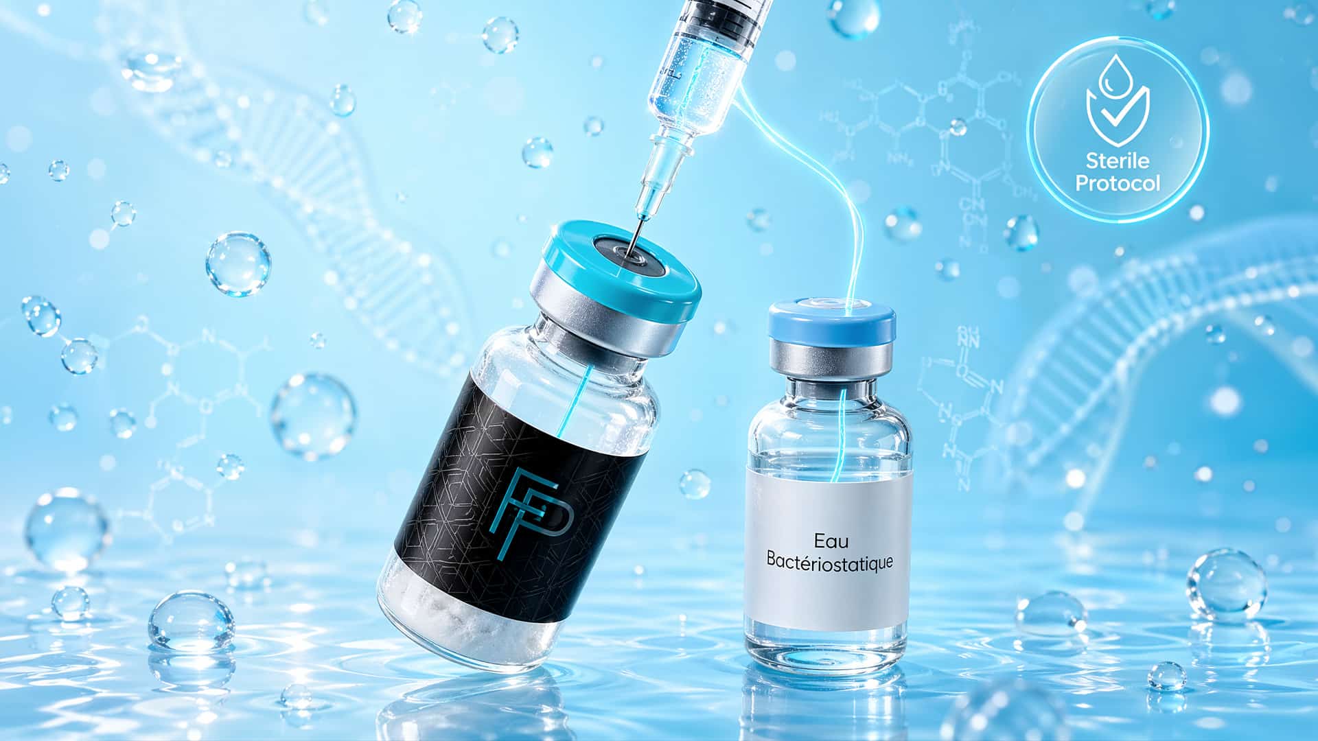 Reconstitution peptides de recherche — flacon seringue eau bactériostatique guide dosages French Peptides