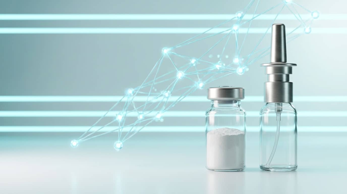 Vial de Selank et spray nasal premium sur fond blanc avec ondes neuronales cyan, design pharma éditorial moderne