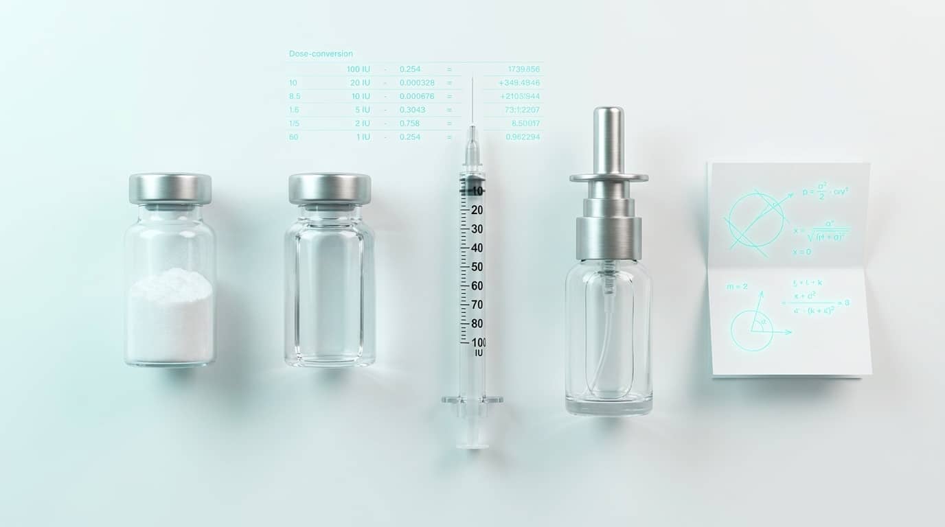 Flat-lay knolling overhead seringue insuline spray nasal et vial Selank reconstitué — voies admin peptide nootropique