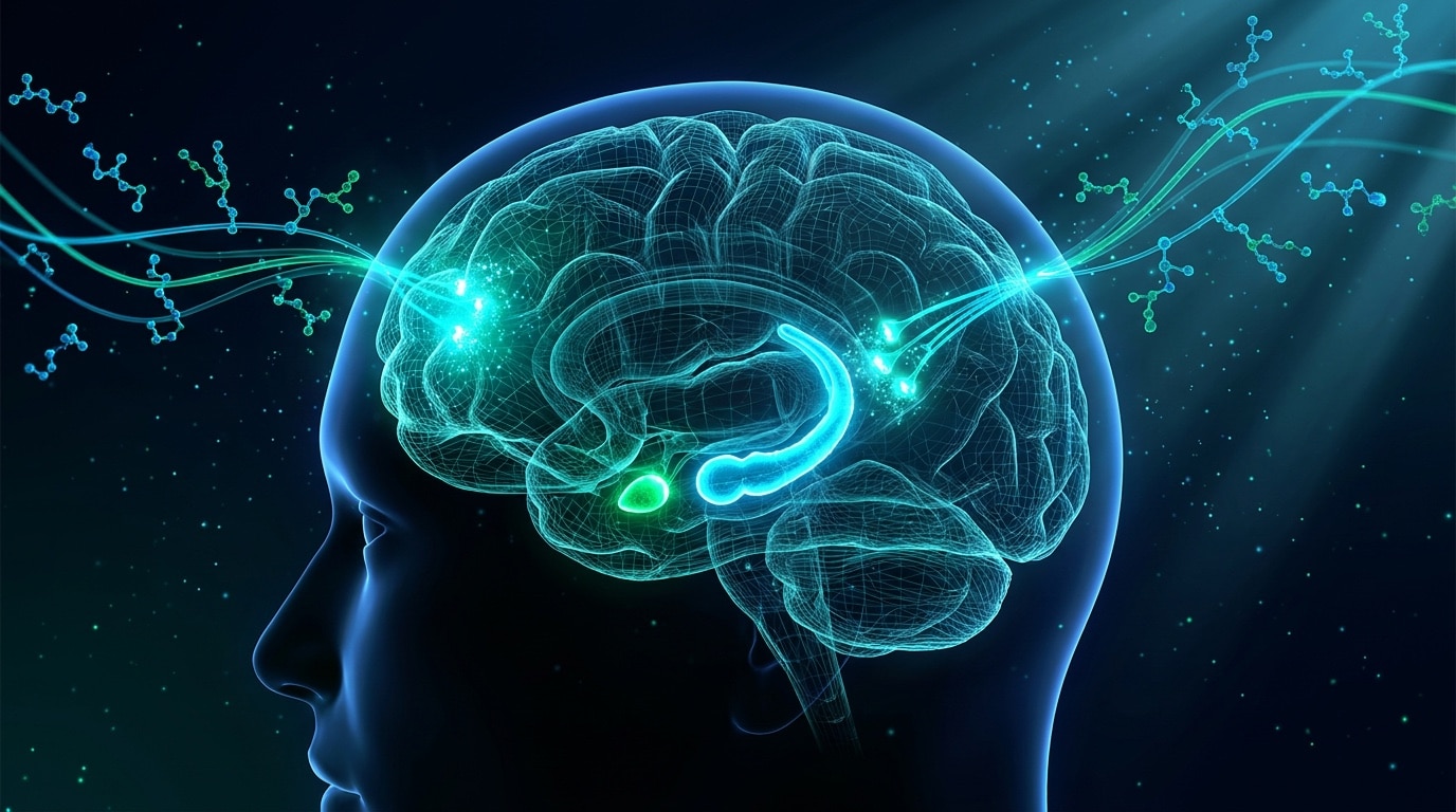 Coupe cérébrale 3D cyan émeraude avec amygdale hippocampe et cortex préfrontal éclairés — mécanisme Selank GABA neurotransmission