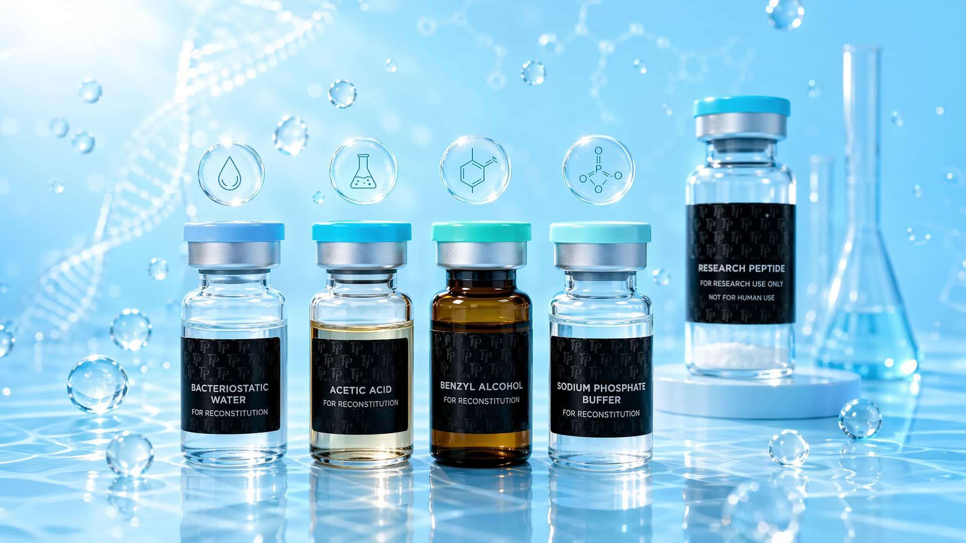 Quatre solvants reconstitution peptides — eau bactériostatique acide acétique DMSO PBS French Peptides