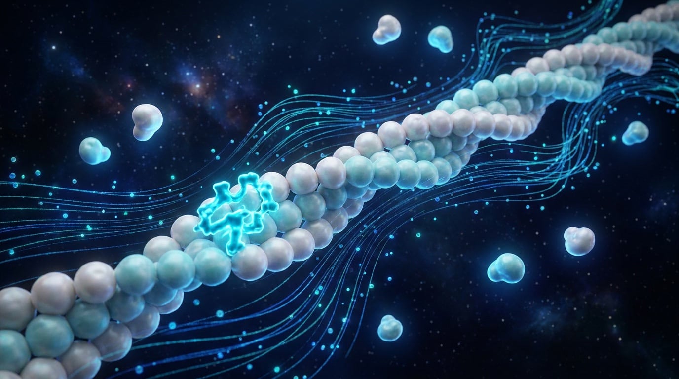 Visualisation 3D moléculaire d'un filament d'actine F avec monomères de G-actine en formation, complexe thymosine bêta-4 fixé à un monomère, fond sombre cinématique avec particules cyan