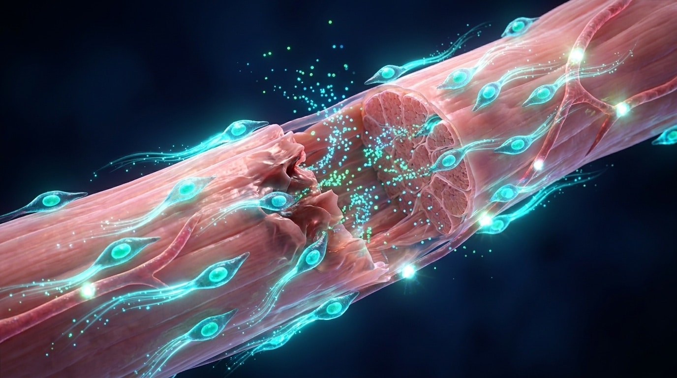 Visualisation 3D d'une cellule satellite musculaire activée en migration vers une fibre musculaire lésée, avec lueur cyan et trajectoire moléculaire représentant la mobilisation par TB-500