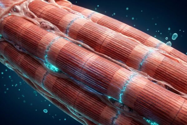 Coupe transversale anatomique de muscle squelettique humain montrant fibres striées myofibrilles parallèles et sarcomères, photographie scientifique premium