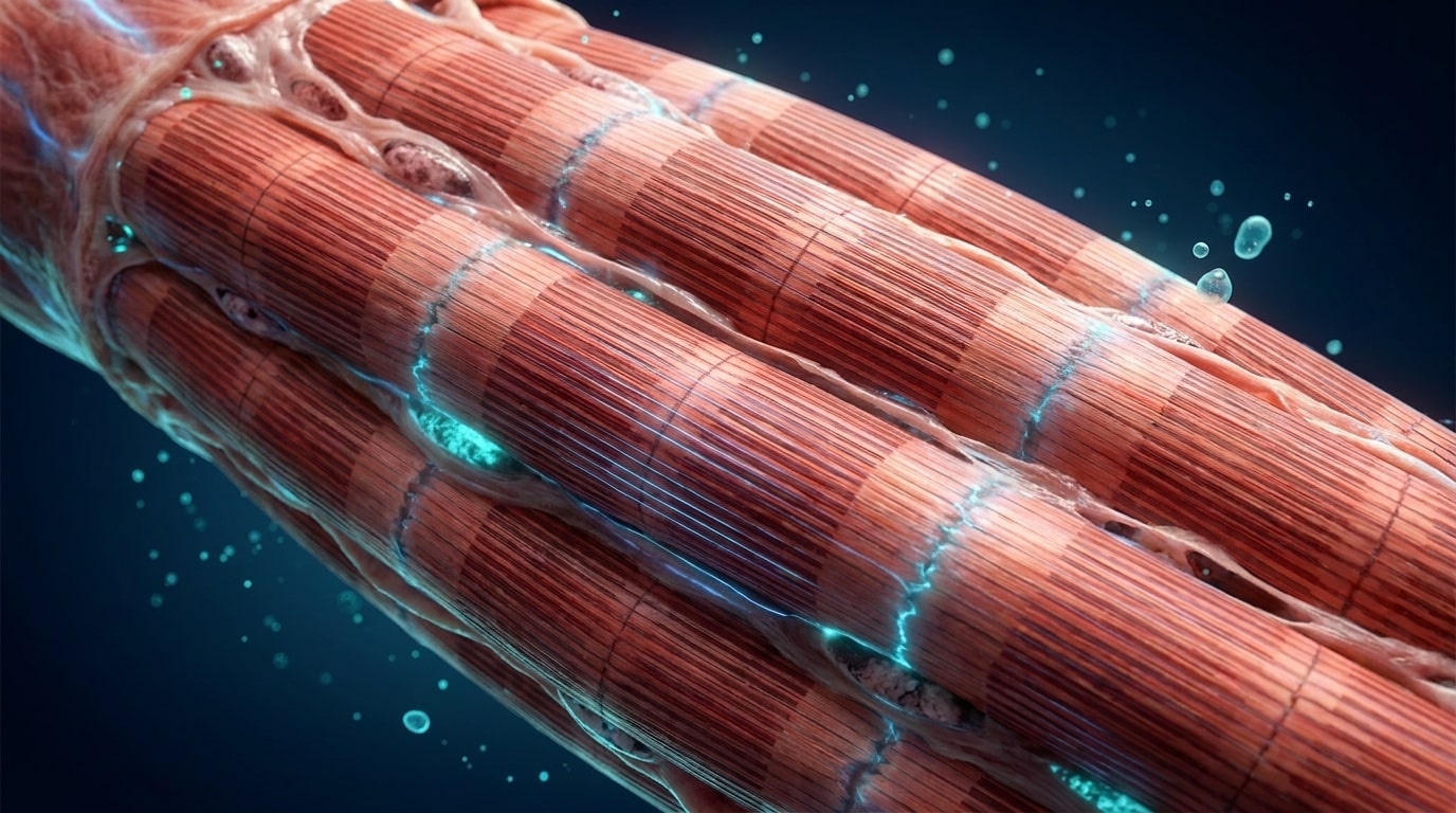 Coupe transversale anatomique de muscle squelettique humain montrant fibres striées myofibrilles parallèles et sarcomères, photographie scientifique premium