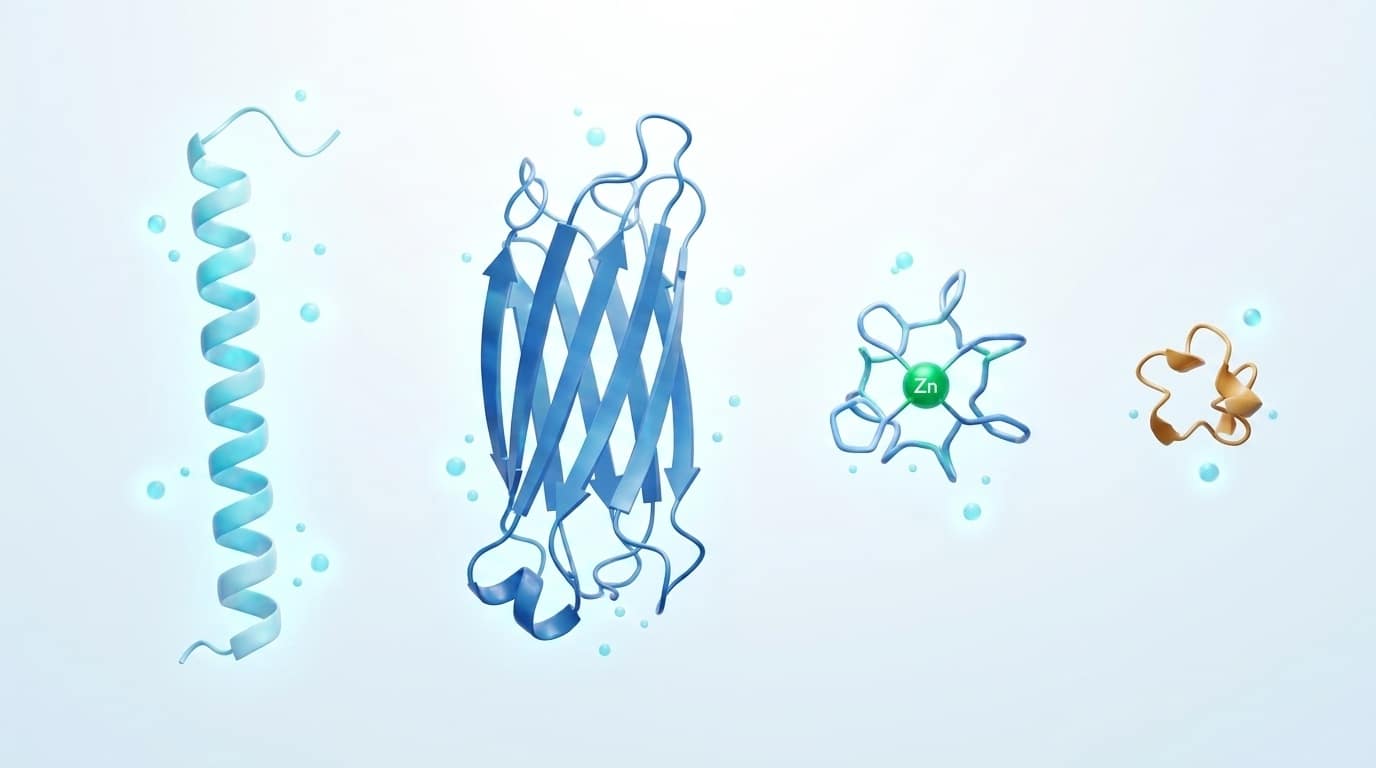 Quatre structures peptidiques ribbon 3D côte à côte représentant la thymosine alpha 1 (28 AA), la thymosine β-4 (43 AA), la thymulin (9 AA avec atome de zinc) et la thymopentin (pentapeptide 5 AA)