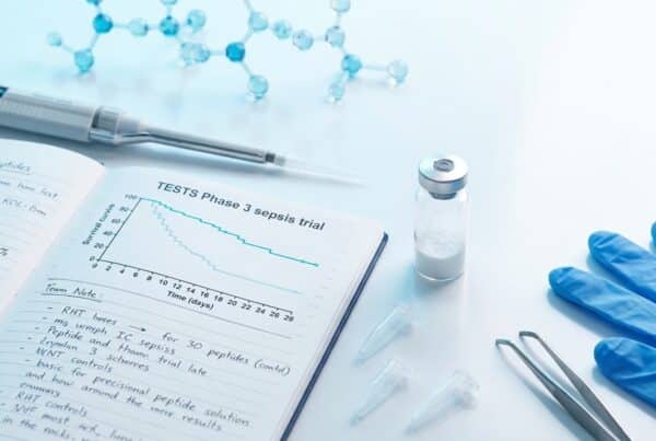 Flat-lay éditorial scientifique avec cahier de labo ouvert montrant les courbes Kaplan-Meier de survie à 28 jours de l essai TESTS Phase 3 sepsis 2025 sur thymosine alpha 1 flacon lyophilisé pipette eppendorf