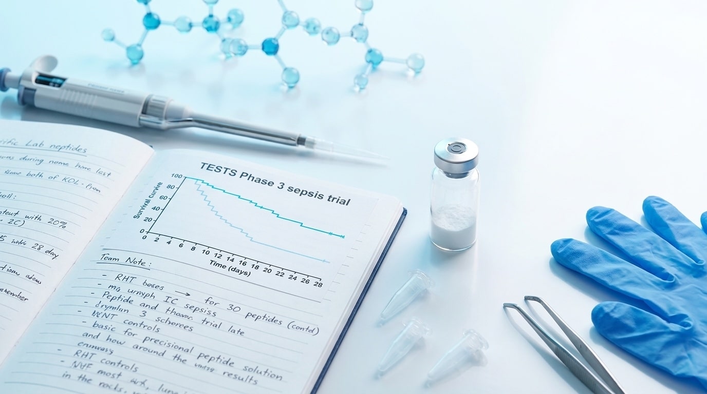 Flat-lay éditorial scientifique avec cahier de labo ouvert montrant les courbes Kaplan-Meier de survie à 28 jours de l essai TESTS Phase 3 sepsis 2025 sur thymosine alpha 1 flacon lyophilisé pipette eppendorf